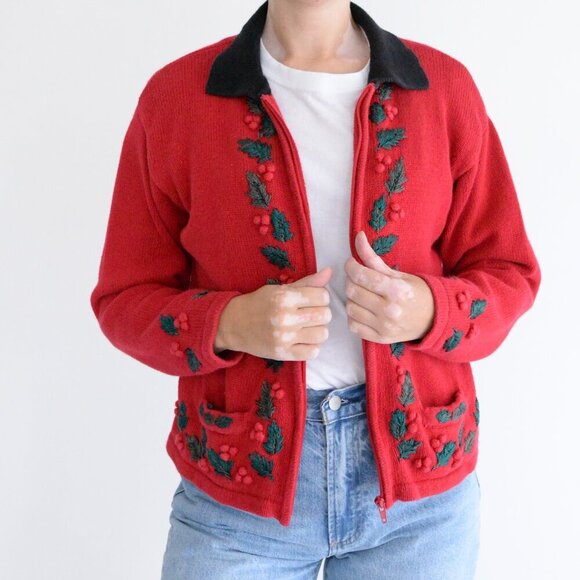 Vintage Dress Barn Christmas Holly Knit Zip Up Cardigan Sweater XL - Picture 2 of 10
